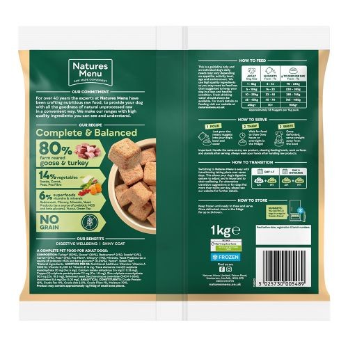 Natures Menu Complete Balanced Raw Dog Food 80 20 Farm Reared Goose Turkey 1kg Natures Menu Pets Friends